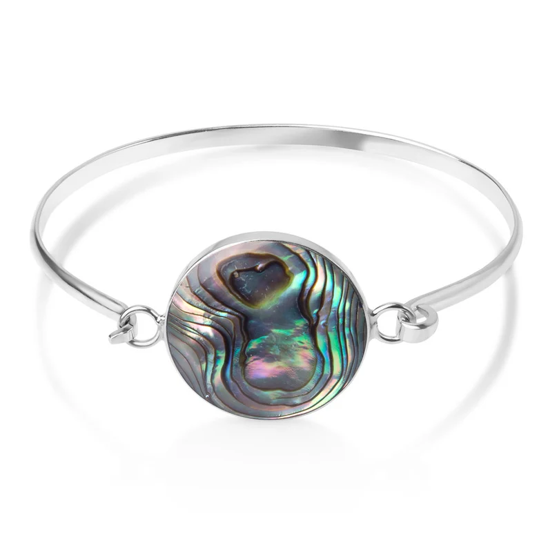 Natural Green Abalone Shell Round Shape Bangle Bracelet 925 Sterling Silver Boho Dainty Jewelry Gift For Her
