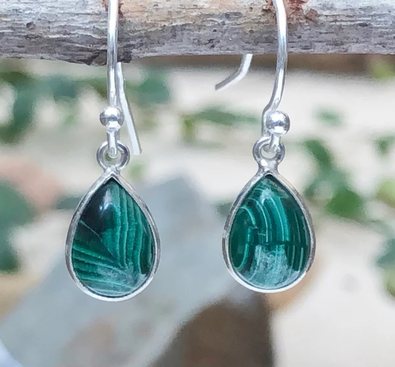 925 Sterling Silver Malachite Earrings Silver Teardrop Earrings Green Dangle and Drop Earrings Gift For Her