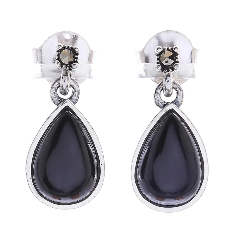 Tropfenförmige schwarze Onyx-Ohrhänger 925 Sterling Silber Damen handgefertigte Ohrringe Geschenke für Mama & Sie