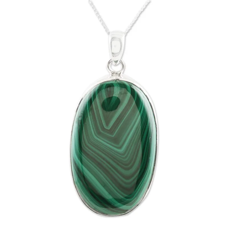 Lünettengefasste Malachit-Cabochon-Halskette, 925 Sterling Silber, handgefertigter Boho-Edelsteinanhänger, Geschenk für sie