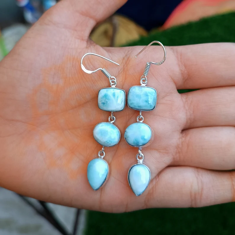 Larimar Ohrring Damen Ohrring Edelstein Ohrring Drei-Stein-Ohrring 925 Silber Ohrring Zarter Ohrring Handgemachter Ohrring