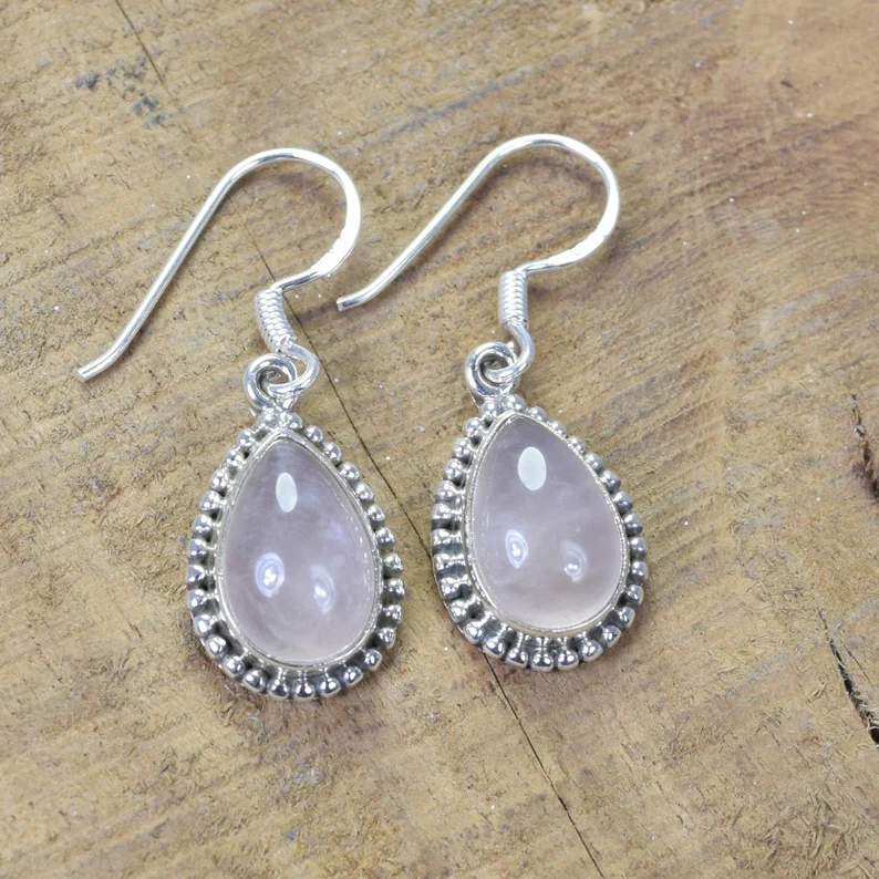 Rosa Rosenquarz 925 Sterling Silber Natürlicher Edelstein Schmuck Januar Geburtsstein Rosen-Ohrring Designer-Ohrring Geschenk zum Geburtstag