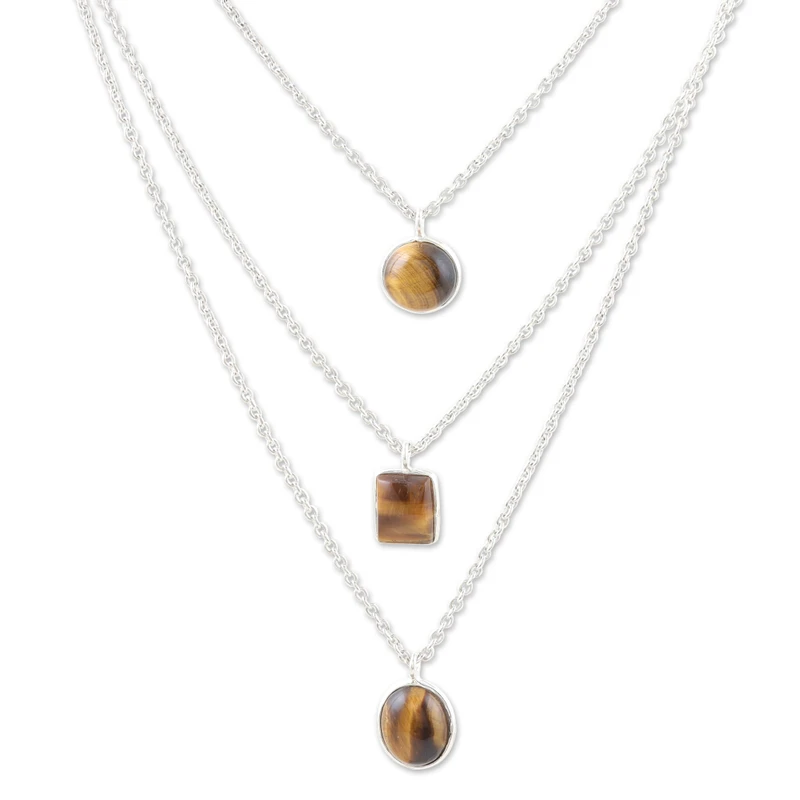 3-Strang-Tigerauge-Anhänger-Halskette Echte Edelstein-Halskette 925 Sterling Silber Böhmischer Schmuck Geschenk für Sie Geburtstagsgeschenk