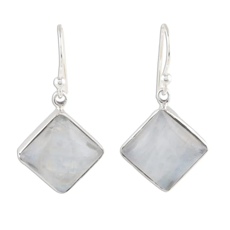 Quadratische Regenbogen-Mondstein-Ohrringe 925 Sterlingsilber Ohrringe Handgefertigte Edelstein-Ohrringe Geschenk für Sie