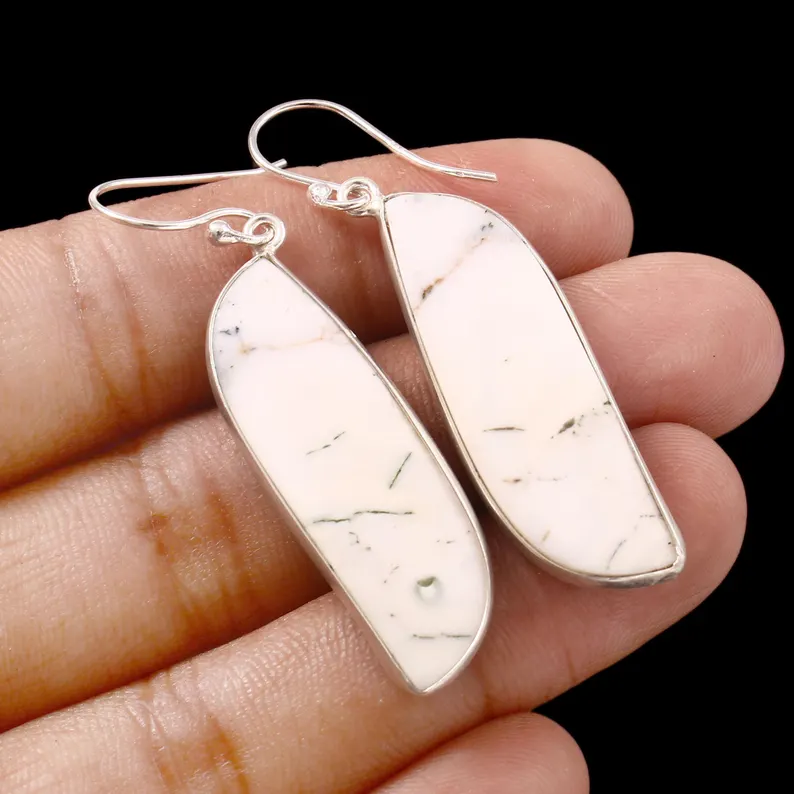 Elegant Howlite Dangle Earrings in Sterling Silver Unique Natural Gemstone Jewelry Boho Statement Earrings