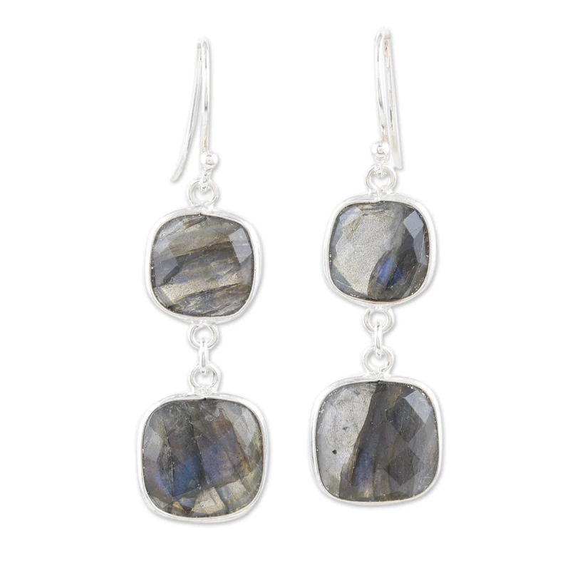 Labradorit-Ohrhänger 925er Sterling Silber Ohrringe Doppelte Edelstein-Ohrringe Labradorit-Schmuck