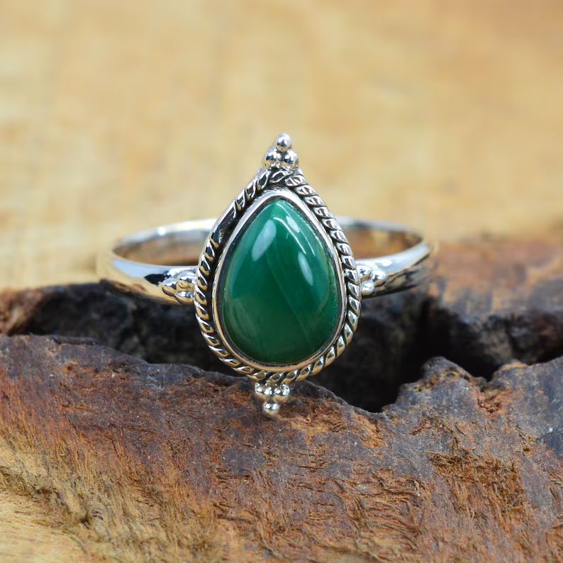 Green Malachite 925 Sterling Silver Pear Shape Ring Gemstone Ring Designer Jewelry Natural Gemstone Ring April Month Birthstone Gift For Valentine Day