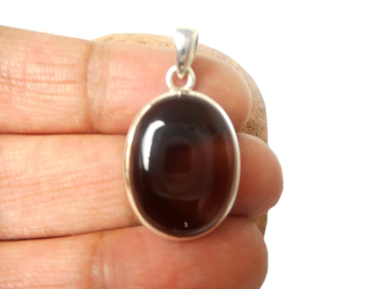 Ovale braune Rauchquarz Sterling Silber Edelsteinanhänger 925 Rauchquarz Halskette Handgemachter böhmischer Schmuck Geschenk für Sie