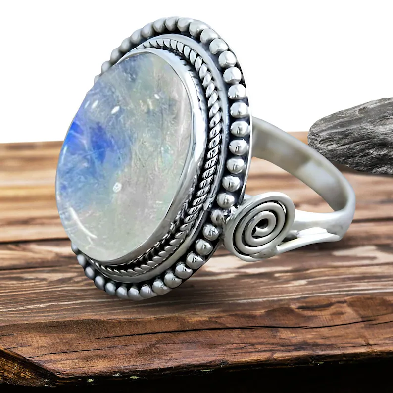 Blauer Feuer-Mondsteinring 925er Sterling Silber Damen Bandring Handgemachter Ring Designer Ring