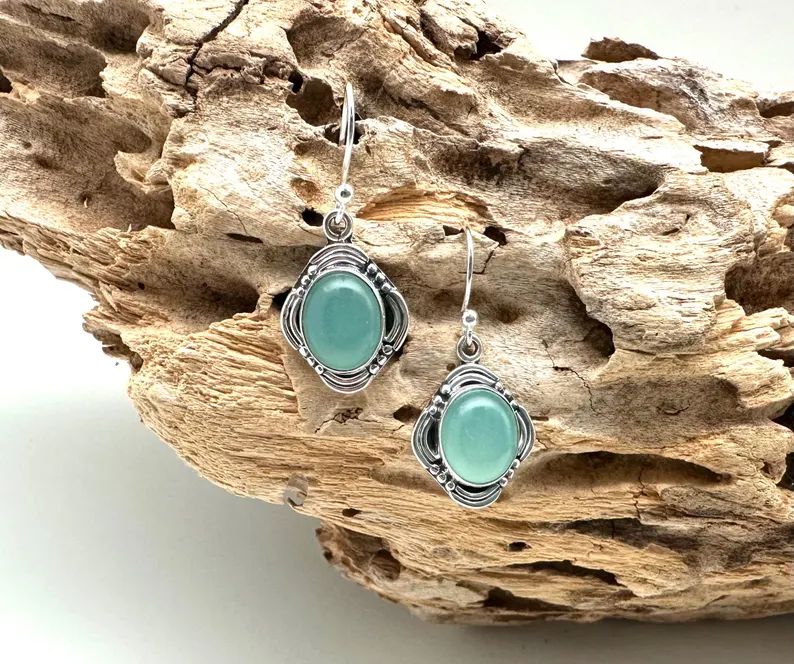 Aquamarin-Chalcedon-Ohrringe, Silber, tropfenförmig, blau, glatt, Schutzstein, 925er Sterlingsilber-Ohrringe, Geschenk für Sie