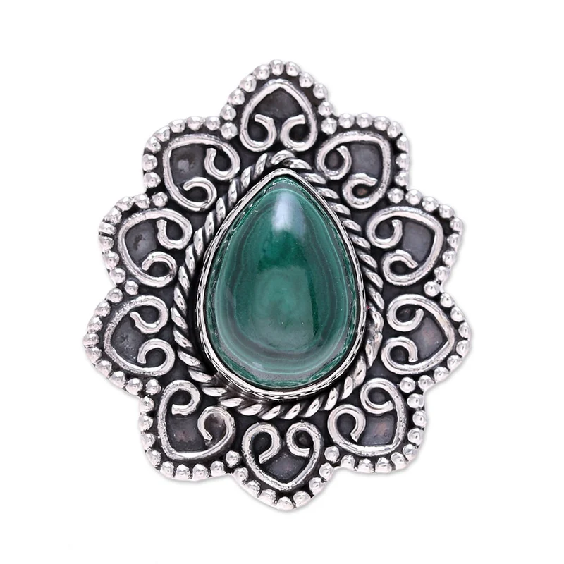 Malachit Teardrop und Sterling Silber Ranken Cocktailring Natürlicher grüner Edelsteinring Handgemachter Böhmischer Schmuck Valentinstagsgeschenk für sie Geburtstagsgeschenk