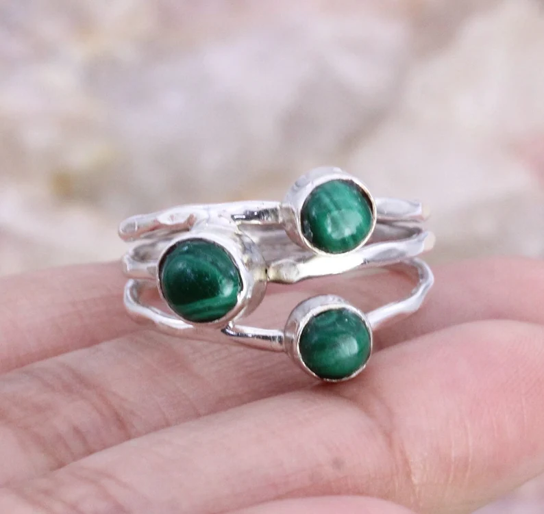 925 Sterling Silver Ring Malachite Ring Women Rings Bands Unisex Gemstone Ring Wide Band Ring
