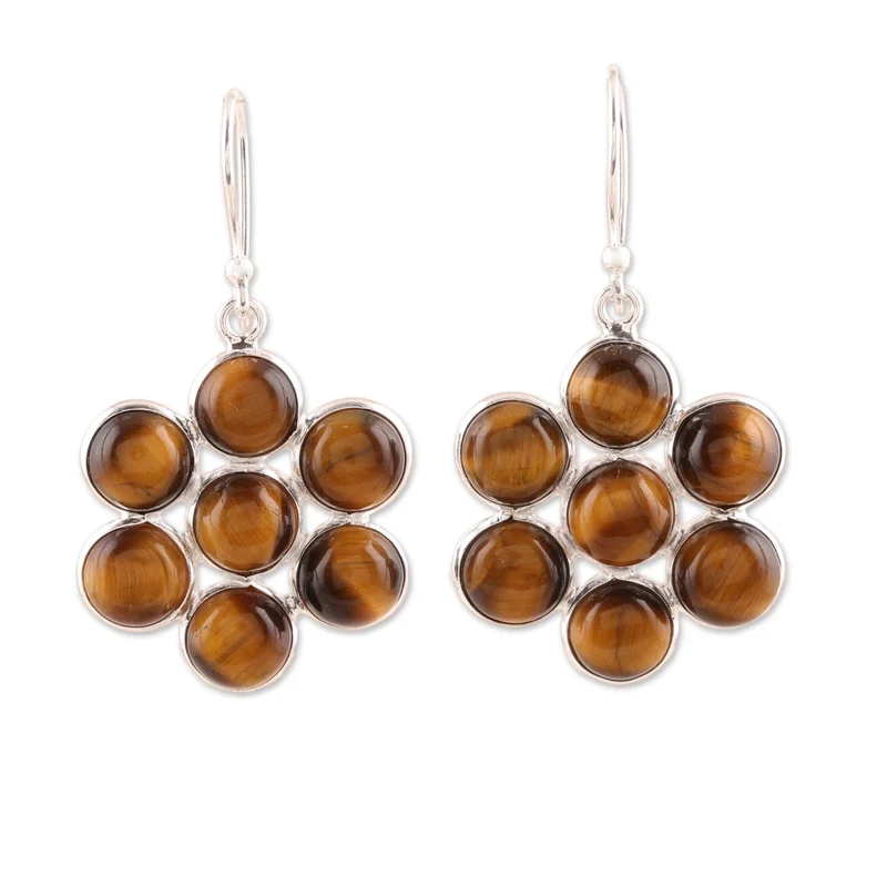 Ronde Tijgeroog Dangle Oorbellen 925 Sterling Zilver Handgemaakte Edelsteen Zilveren Oorbellen Cadeaus voor Moederdag Idee Alledaagse Sieraden Cadeau voor Haar