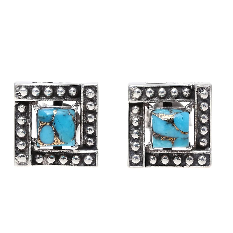 Handmade Square Turquoise Stud Earrings Square 925 Sterling Silver Turquoise Jewelry Handmade Bohemian Jewelry Gift For Her