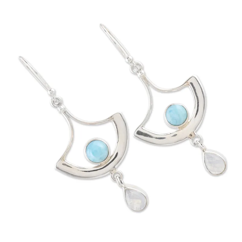 Larimar und Regenbogen-Mondstein Ohrhänger 925 Sterling Silber Ohrringe Handgefertigte Edelsteinohrringe Geschenk für Sie