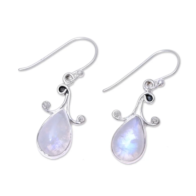 Ohrringe Teardrop Regenbogen-Mondstein, 925 Sterlingsilber, handgefertigt, Tropfenform, Edelstein-Ohrring, Geschenk für sie