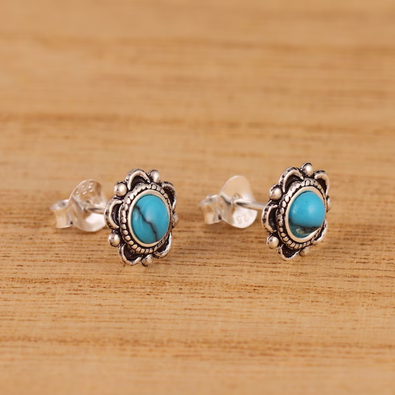 925 Sterling Silver Blue Turquoise Flower Stud Earrings Gift for Mom or Sister Turquoise Jewelry Nature Lovers