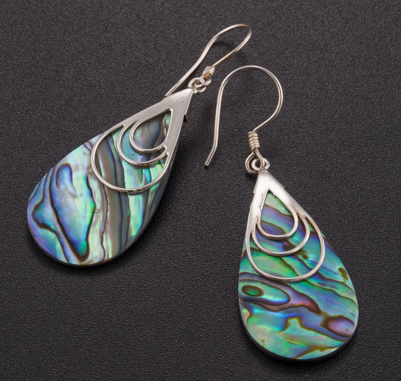 Boho Hängeohrringe, tropfenförmig, aus Abalone-Muschel, einzigartig, Sterlingsilber, große Muschelohrringe, ethnischer Zigeuner-Stil, handgefertigter Schmuck