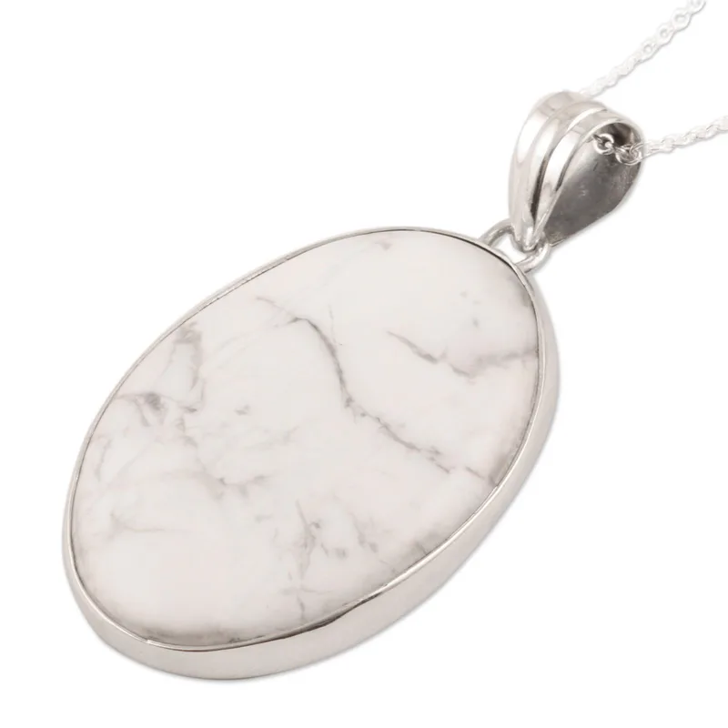 Weiße Nebel Howlith Ovale Anhänger Halskette 925 Sterling Silber Howlith Schmuck Handgefertigt Böhmischer Schmuck Geschenk Für Sie