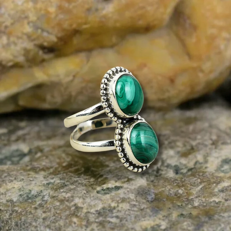 925 Sterling Silver Malachite Boho Natural Gemstone Handmade Ring Women Jewelry Anniversary Perfect Gift For Her