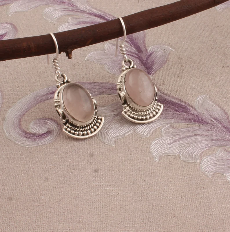 Rosenquarz Edelstein Ohrring 925 Sterling Silber Ohrringe Boho Rosa Oval Edelstein Geburtstag Geschenk Ohrring für Schwester Hochzeitsgeschenk