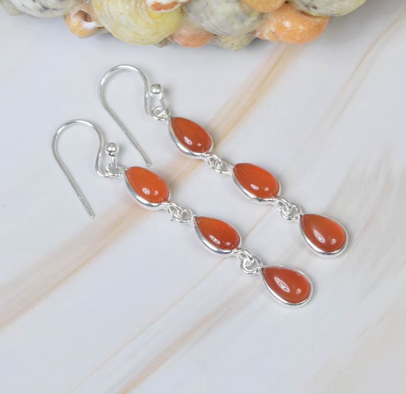 Roter Karneol 925 Sterling Silber Edelstein Ohrhänger Handgefertigter Schmuck Birnenförmige Lange Ohrringe Geschenk Für Schwester 3 Stein Ohrringe