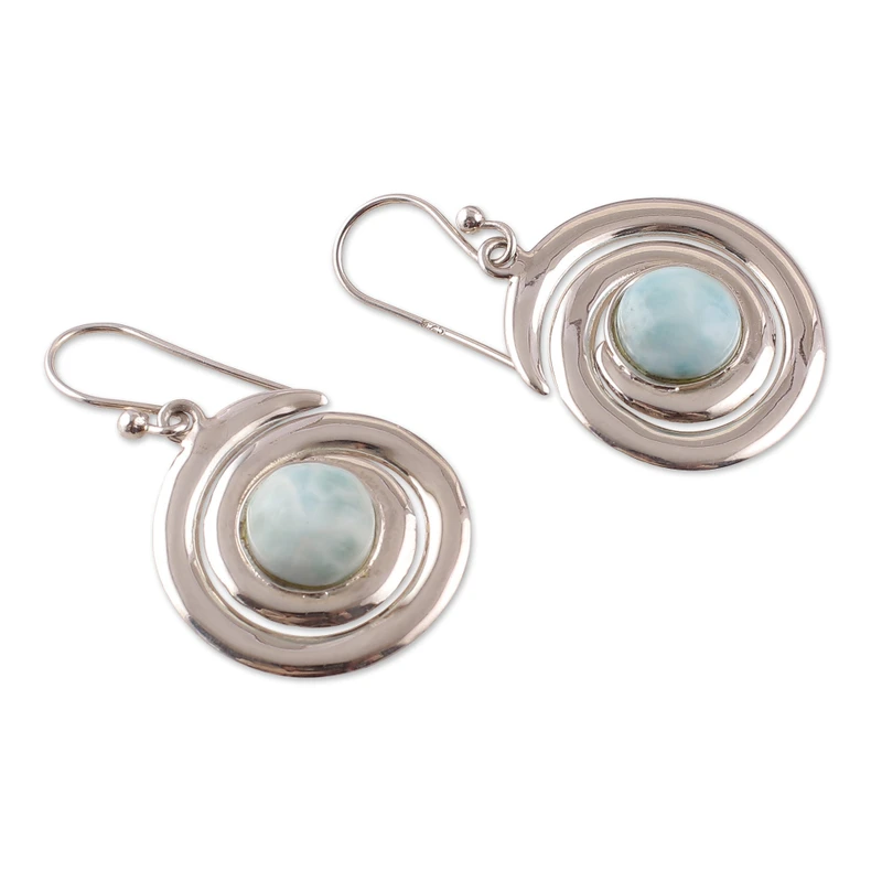 Ohrringe aus Sterlingsilber und natürlichem Larimar-Cabochon, 925er Massivsilber, Edelsteinohrringe, handgefertigt, Boho-Ohrringe, Geschenk für Sie