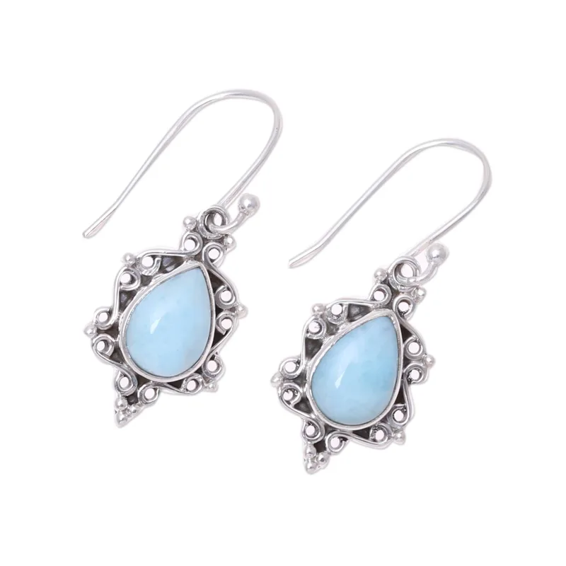 Larimar-Tropfen-Ohrringe mit Verzierungen aus Sterlingsilber – Edelstein-Ohrringe, handgefertigt, Boho-Ohrringe, Geschenk für sie