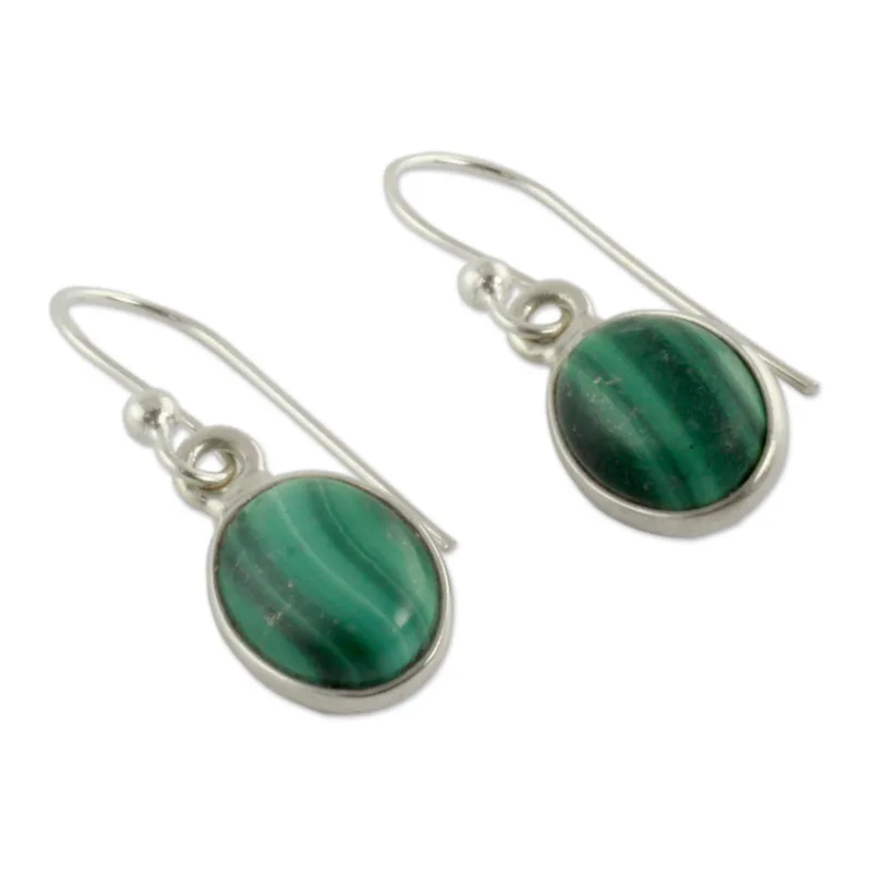 Sterling Silver and Malachite Earrings For Women Handmade Oval Minimalist Earrings Gifts Idea Jewelry