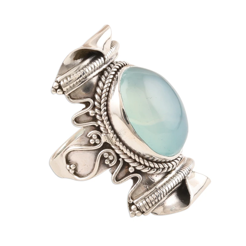 Brede Ring Aqua Chalcedoon Ring 925 Sterling Zilver Boho Ring Blauwe Edelsteen Handgemaakte Statement Zilveren Ring