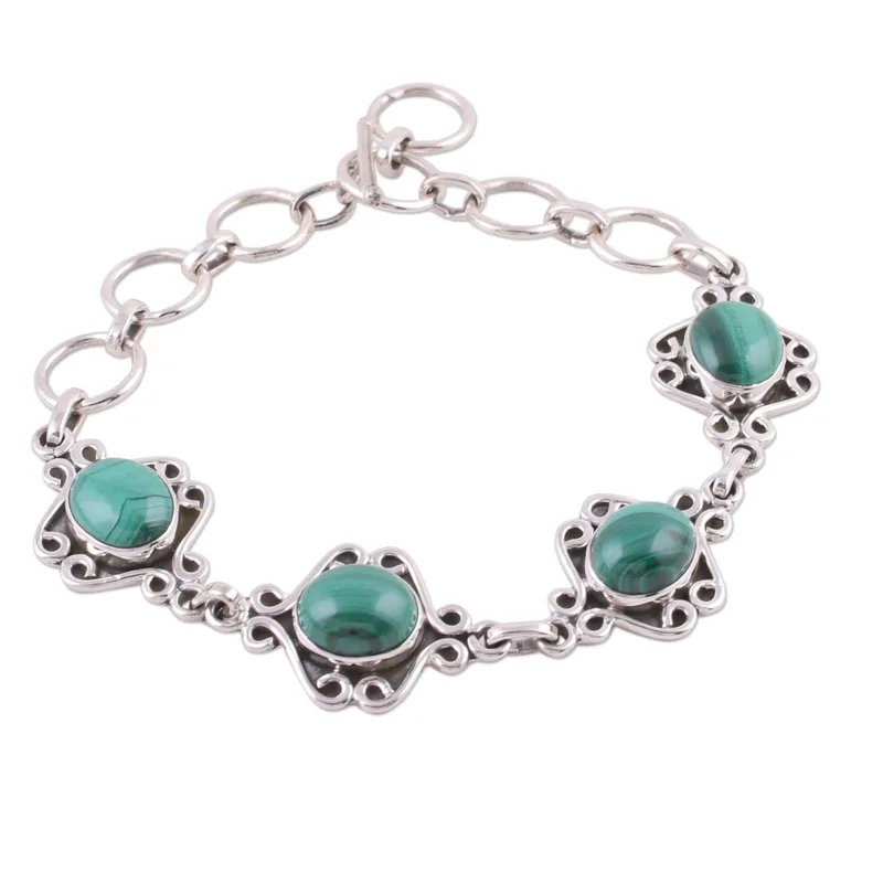 Malachite Swirling Link Bracelet Crafted in India 925 Sterling Silver Bohemian Jewelry Charming Jewelry Valentine Day Gift For Her