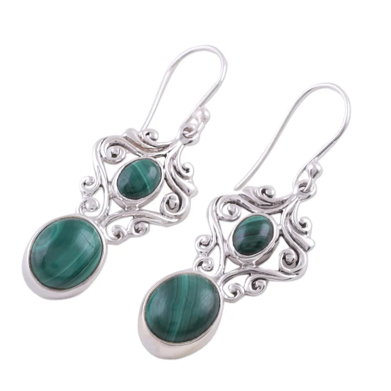Fair Trade Jewelry Sterling Silver Malachite Earrings For Women Handmade Oval Minimalist Earrings Gifts Idea Jewelry Gift For Her