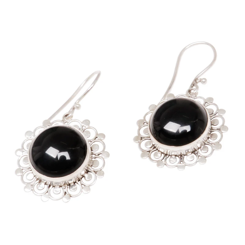 Blumen Sterling Silber Onyx Ohrhänger Frauen handgemachte Ohrringe Geschenke für Mama & Sie Böhmischer Schmuck