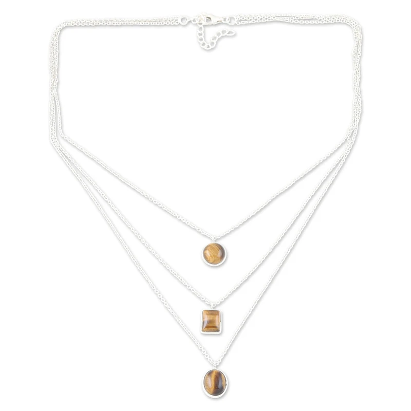 3-Strang-Tigerauge-Anhänger-Halskette Echte Edelstein-Halskette 925 Sterling Silber Böhmischer Schmuck Geschenk für Sie Geburtstagsgeschenk