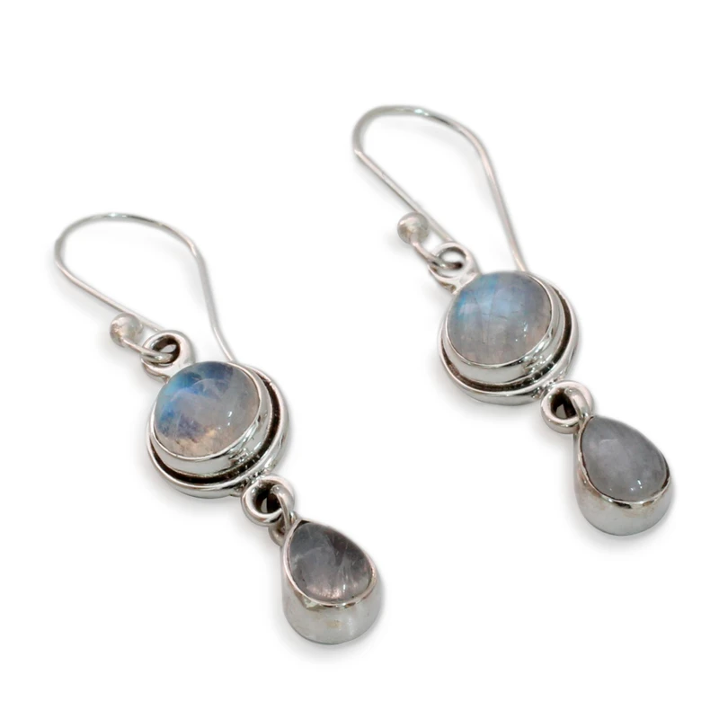 Ohrring aus 925er Sterlingsilber, echter Regenbogenmondstein-Ohrring, handgefertigter Ohrring mit zwei Edelsteinen, Juni-Geburtsstein-Geschenk für Sie