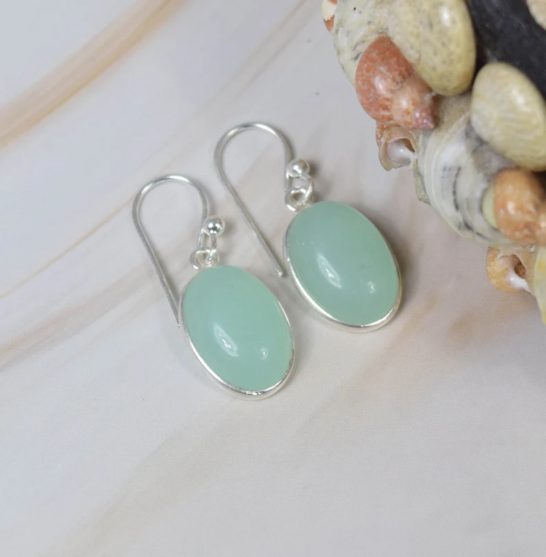 Aquamarin Chalcedon 925 Sterling Silber Edelstein Haken Ohrring Einfacher Ohrring Ovale Form Schmuck Handgemachter Schmuck Geschenk Für Sie
