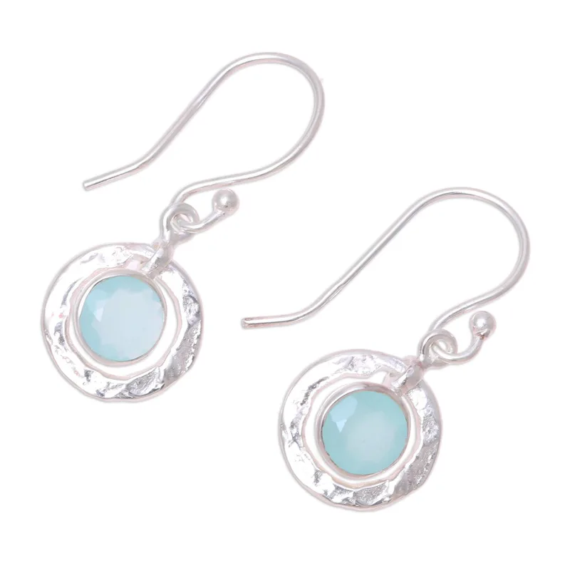 Runde Aqua-Chalcedon und Sterling Silber Ohrhänger 925er Massivsilber Handgemachter Boho Feiner Schmuck Geschenk Für Sie