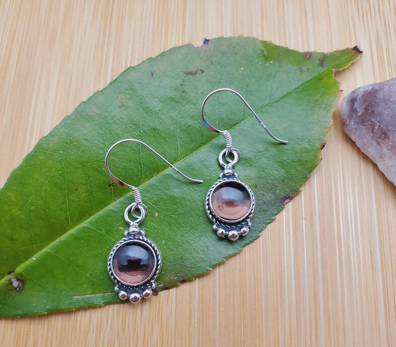 So Cute 925 Dainty Smoky Quartz Dangle Earrings Small Gemstone Hook Earrings Sterling Silver Smoke Color Stone Earrings Dainty Earrings