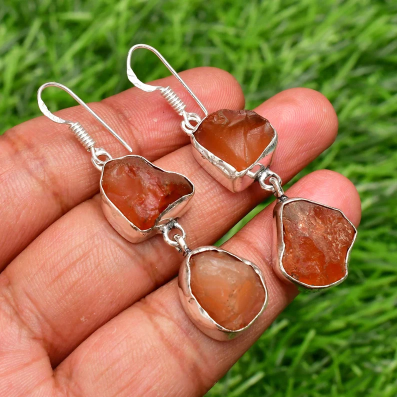 Natürliche Karneol 925 Sterling Silber Roh Ohrringe Geschenk für Sie Handgemachte Ohrringe Dangle Ohrringe Für Frauen Alltag Statement Ohrringe