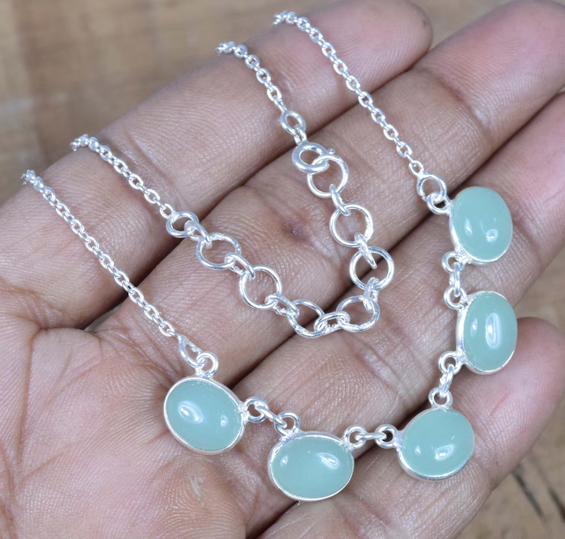 Aquamarin Chalcedon 925 Sterlingsilber Edelstein Designer Halskette Handgefertigter Schmuck Geschenk zum Jahrestag 5-Stein-Halskette Schmuck