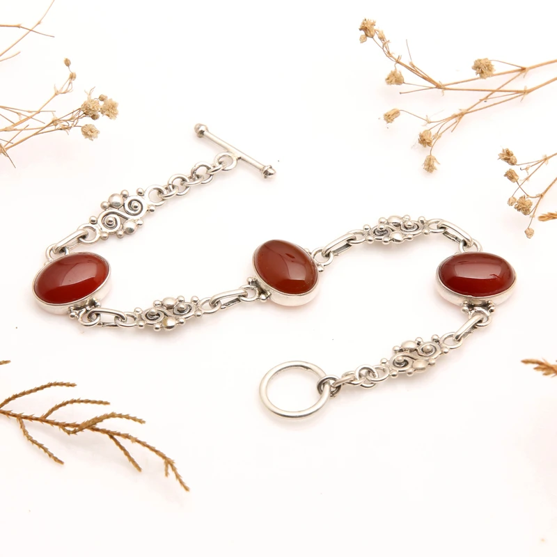 Sunset Carnelian Link Bracelet 925 Sterling Silver Boho Dainty Jewelry Gift For Her