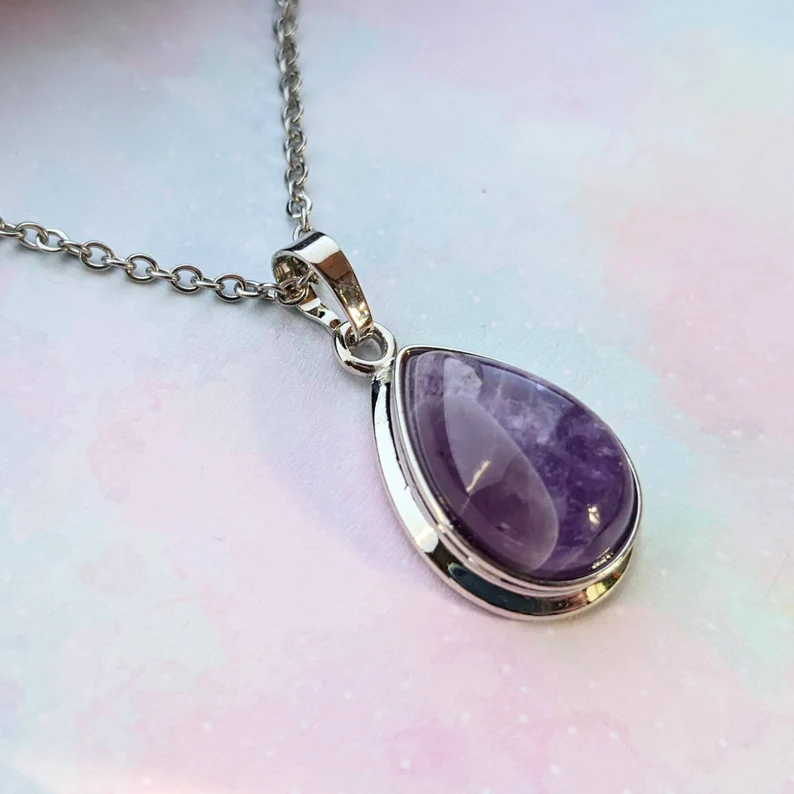 Amethyst Teardrop-Anhänger Halskette Natürlicher Edelstein Zierlicher Anhänger Handgefertigter Schmuck Bestseller Geschenk 925 Sterling Silber