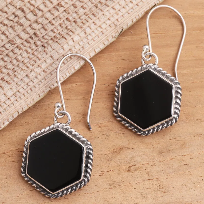 Onyx und Sterling Silber Sechseckige Ohrringe Damen Handgemachte Ohrringe Geschenke für Mama & Sie Böhmischer Schmuck