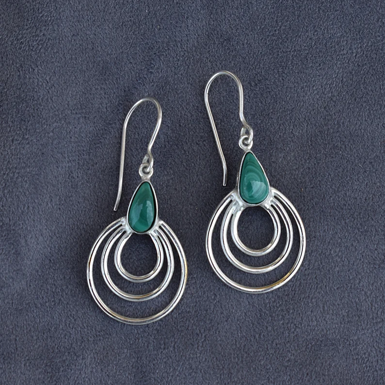 Amazing Malachite Pear Gemstone Earrings in Sterling Silver Drop Earrings For Women Dangle Teardrop Earrings Handmade Malachite Earrings