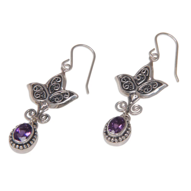 Blattdesign ovale Amethyst-Edelstein-Ohrringe 925 Sterling Silber handgemachte Ohrringe Geschenkartikel Hochzeitsschmuck Geschenk für Sie