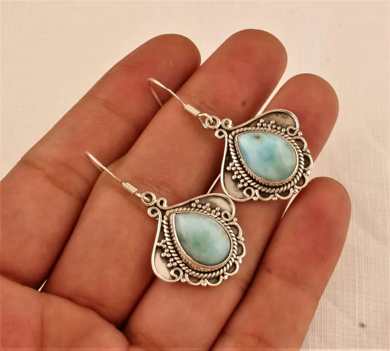 925 Sterling Massiv Silber Larimar Birnenstein Ohrringe Natürliche Larimar Edelstein Silber Ohrringe Handgefertigte Damen Hochzeitsgeschenk Ohrringe