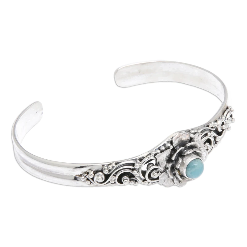 Floral Themed Cuff Bracelet Larimar Bracelet 925 Sterling Silver Bracelet Bohemian Jewelry Charming Jewelry Valentine Day Gift For Her & Mom
