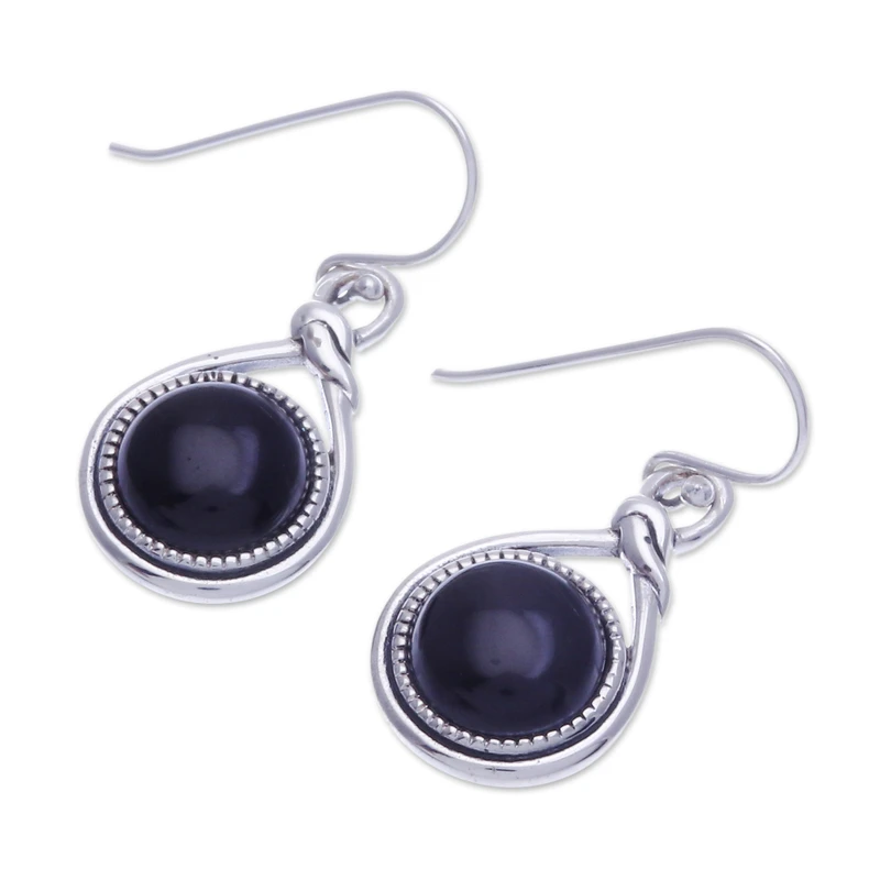 Knotenmuster Schwarzer Onyx Hängeohrringe 925 Sterling Silber Damen Handgemachte Ohrringe Geschenke für Mama & Sie