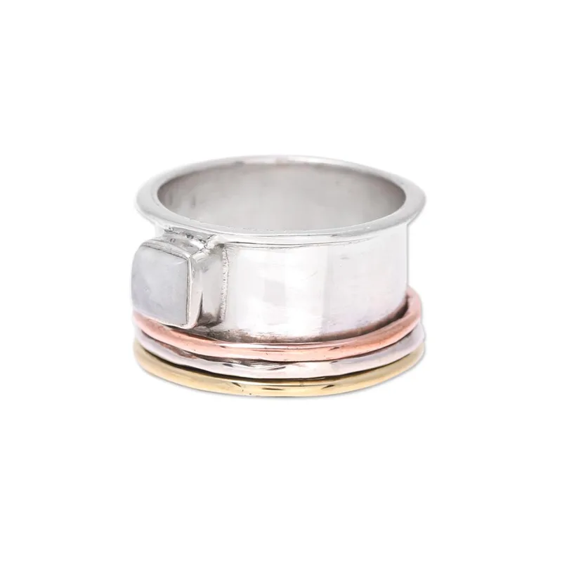 Sterling Silber Kupfer Regenbogen Mondstein Meditationsring Handgemachter Ring Silberschmuck Böhmischer Zierlicher Ring Geschenk für Sie Geburtstagsgeschenk