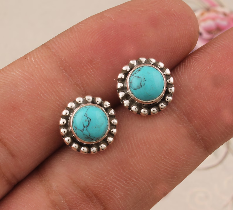 Turquoise Studs Earrings Solid 925 Sterling Silver Stud Earrings For Women Handmade Round Spiral Silver Stud Earrings Turquoise Earring